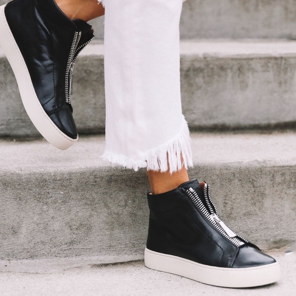 Frye Lena Zip-Up Black Leather High Top Sneakers In Women’s Size 8:5